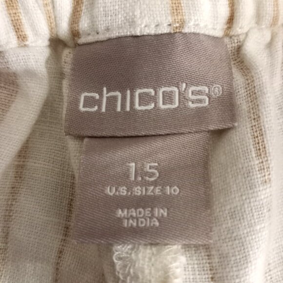 Chico's Womens 1.5 M 10 Tan White Striped 100% Linen Capri Cropped Pull On Pants - Picture 5 of 6